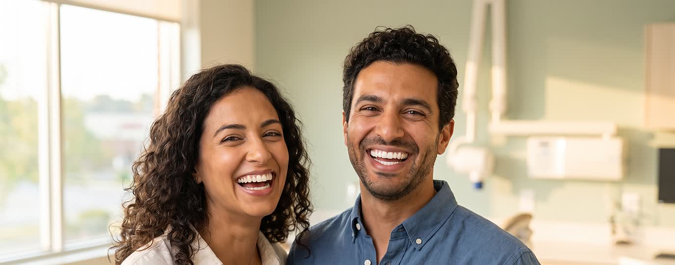 Un couple rit ensemble au cabinet, les deux sourires bien visibles